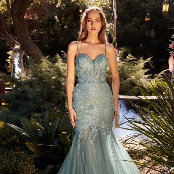 NEW LONG MERMAID FORMAL GOWN EMBROIDERED WITH LACE & FLORAL APPLQIUE CD A1232